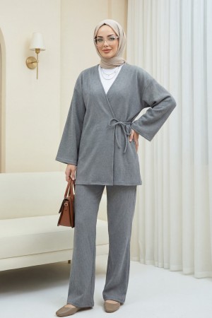 Çapraz Bağlamalı Selanik Kimono Takım -Gri