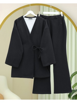 Çapraz Bağlamalı Selanik Kimono Takım -Siyah