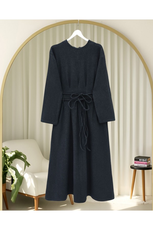 Draped  Waist Double Laced Selanik Long Dress -Anthracite