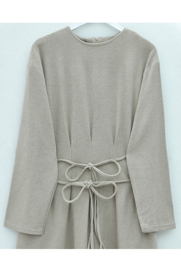 Draped  Waist Double Laced Selanik Long Dress - Beige