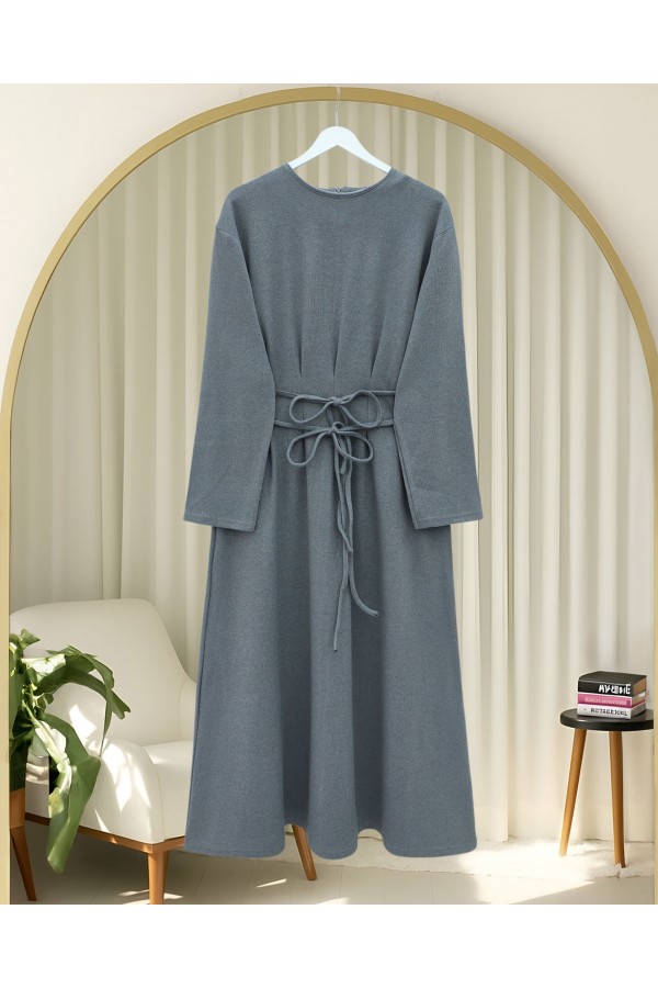 Draped  Waist Double Laced Selanik Long Dress -Grey