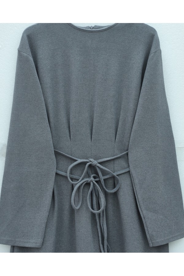 Draped  Waist Double Laced Selanik Long Dress -Grey