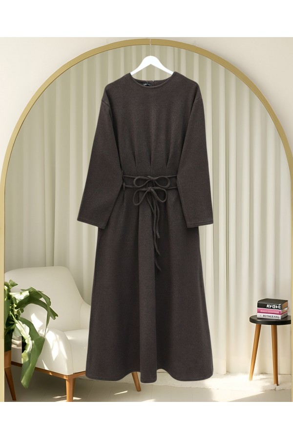 Draped  Waist Double Laced Selanik Long Dress -Brown