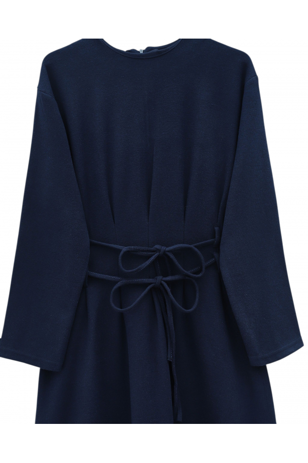 Draped  Waist Double Laced Selanik Long Dress -Navy blue