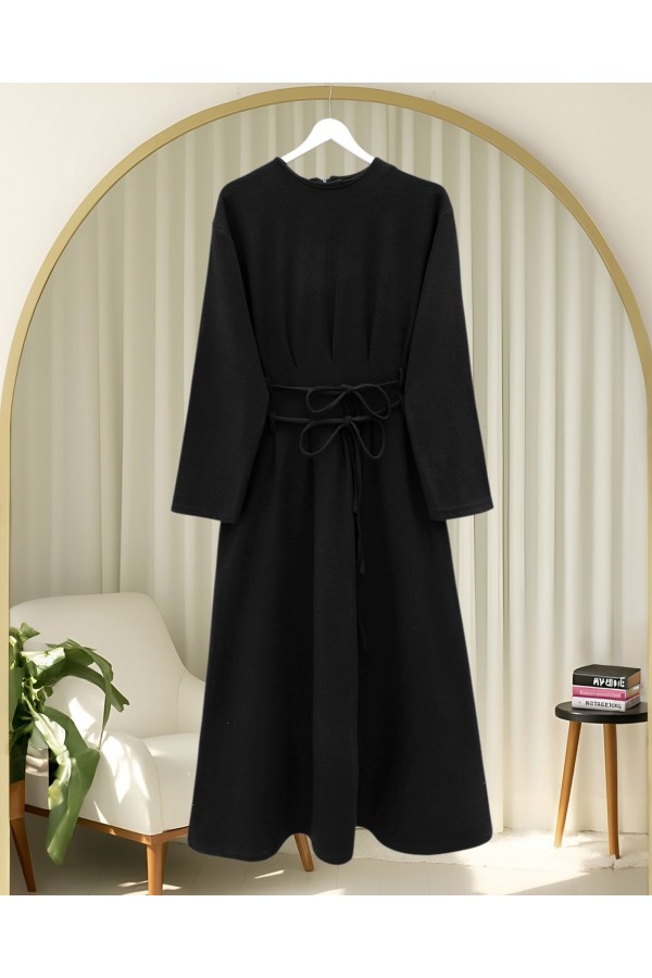 Draped  Waist Double Laced Selanik Long Dress -Black