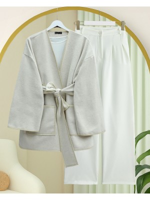 Biye Detaylı Çift Cepli Kuşaklı Kaşe Kimono -Bej