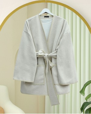 Belted Cashmere Kimono with Piping Detail and Double Pockets - Beige