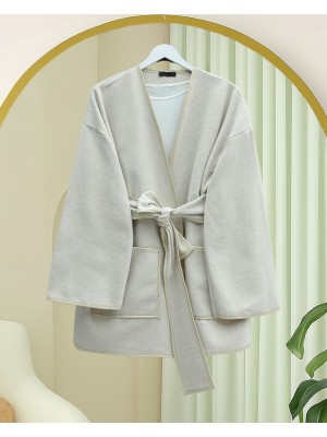Biye Detaylı Çift Cepli Kuşaklı Kaşe Kimono -Bej