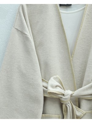 Biye Detaylı Çift Cepli Kuşaklı Kaşe Kimono -Bej