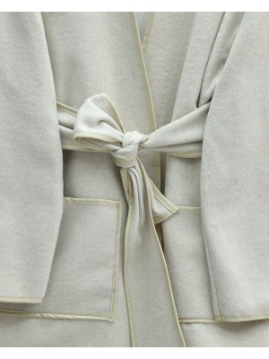 Biye Detaylı Çift Cepli Kuşaklı Kaşe Kimono -Bej