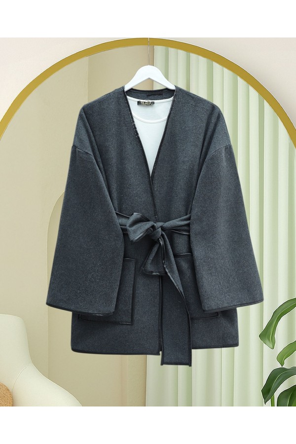 Biye Detaylı Çift Cepli Kuşaklı Kaşe Kimono -Füme
