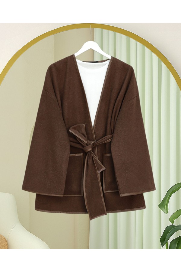 Biye Detaylı Çift Cepli Kuşaklı Kaşe Kimono -Kahve