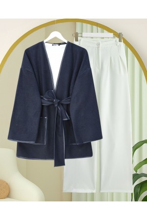 Biye Detaylı Çift Cepli Kuşaklı Kaşe Kimono -Laci