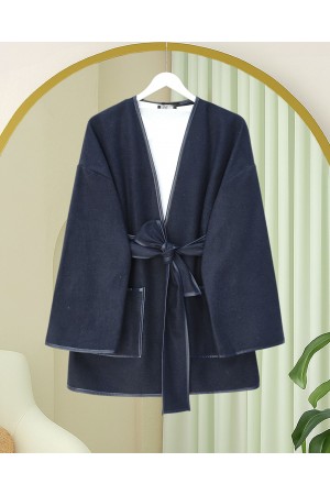 Biye Detaylı Çift Cepli Kuşaklı Kaşe Kimono -Laci