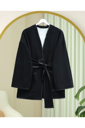 Biye Detaylı Çift Cepli Kuşaklı Kaşe Kimono -Siyah