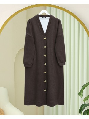 Düğmeli Selanik Uzun Hırka -Kahve