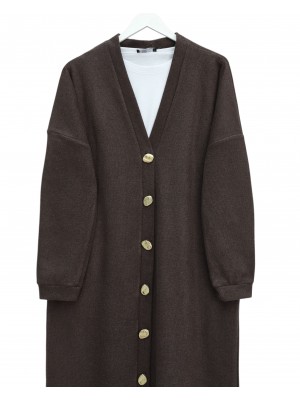 Düğmeli Selanik Uzun Hırka -Kahve