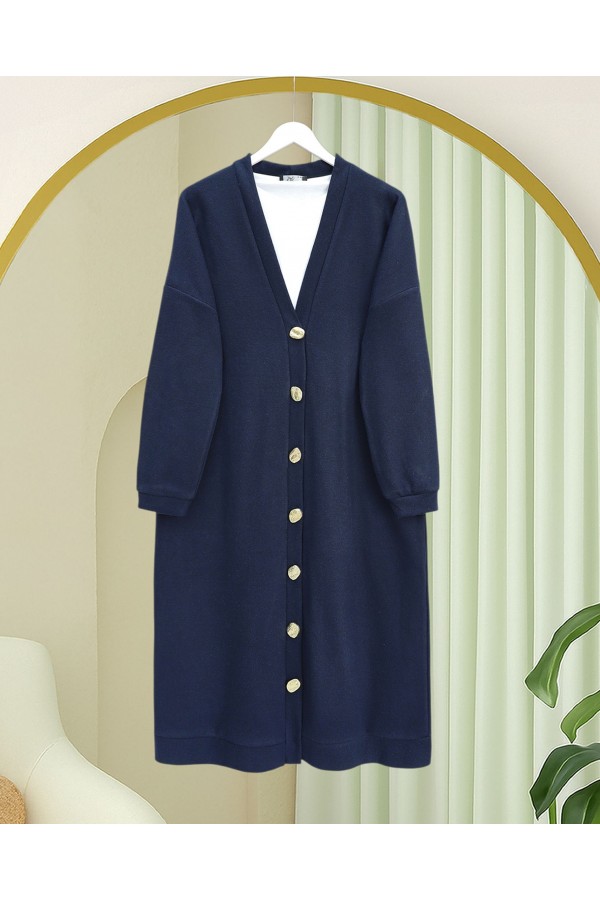 Buttoned Selanik Long Cardigan -Navy blue