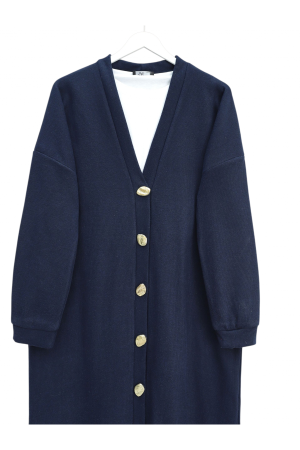 Buttoned Selanik Long Cardigan -Navy blue