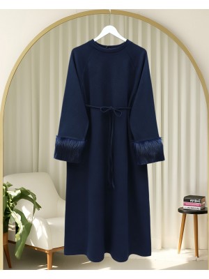 Kolu Tüylu Beli Bağlamalı Uzun Selanik Elbise -Laci