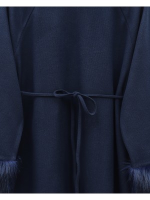 Kolu Tüylu Beli Bağlamalı Uzun Selanik Elbise -Laci