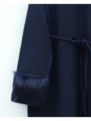 Kolu Tüylu Beli Bağlamalı Uzun Selanik Elbise -Laci