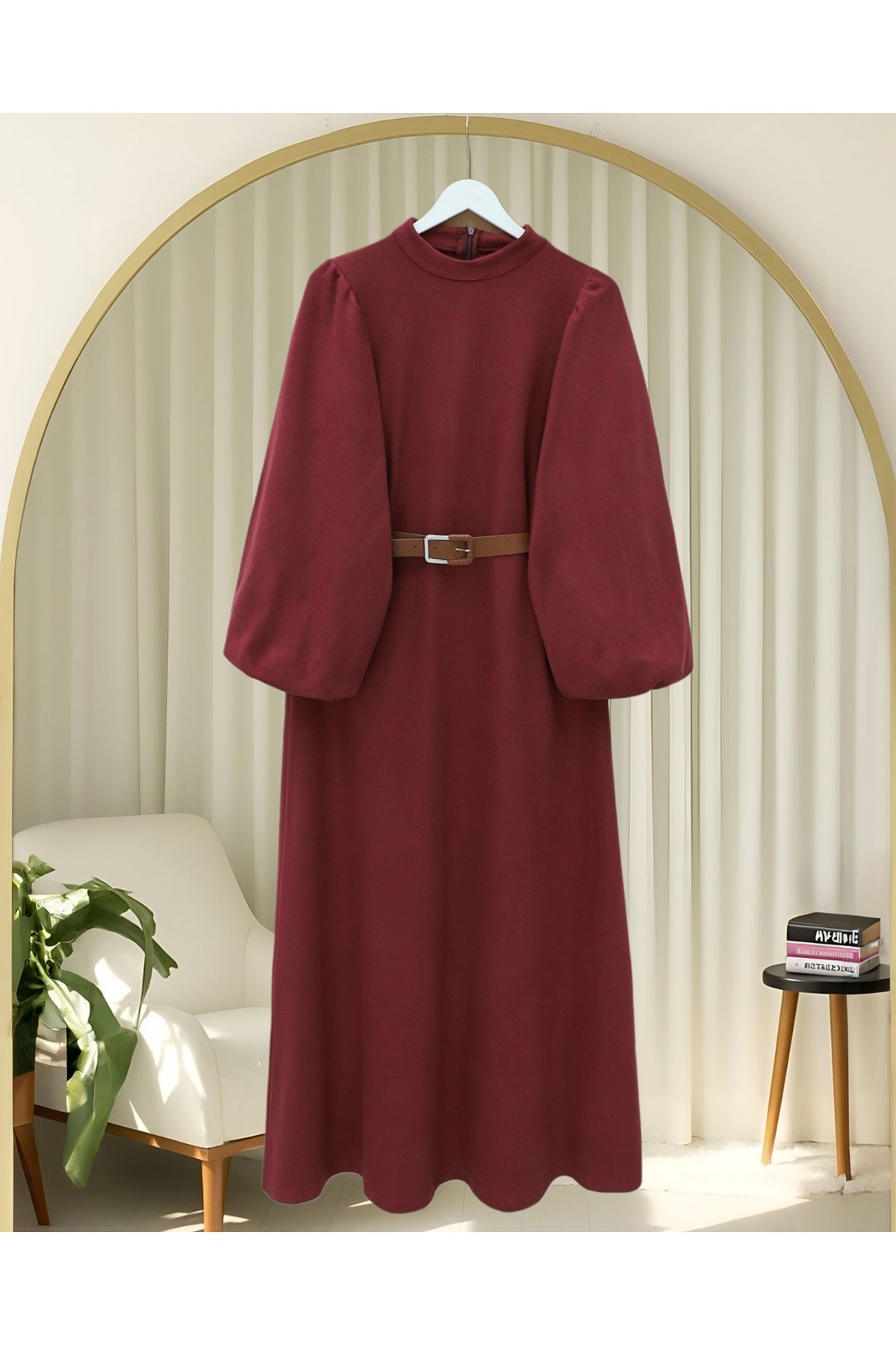 Thick  Belted Balloon Sleeve Selanik Dress -Maroon