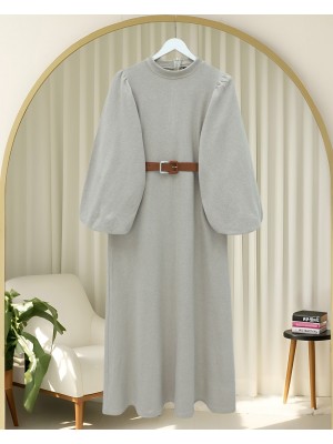 Kalın Kemerli Balon Kol Selanik Elbise -Taş