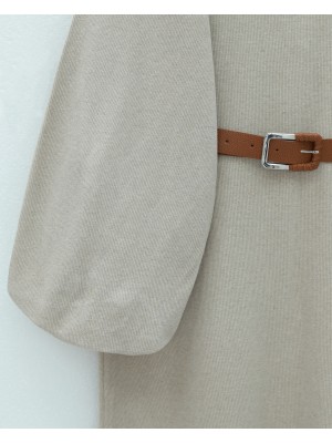 Kalın Kemerli Balon Kol Selanik Elbise -Taş