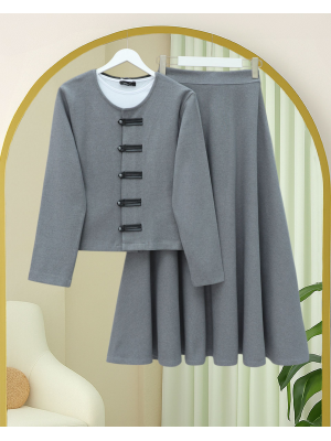 Deri Detaylı Önü Düğmeli Etekli Selanik Takım -Gri