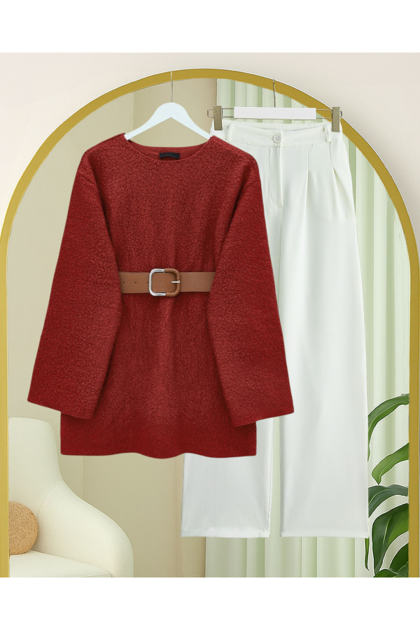 Thick  Belted Boucle Sweater -Maroon