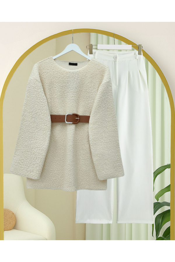 Thick  Belted Boucle Sweater -Ecru