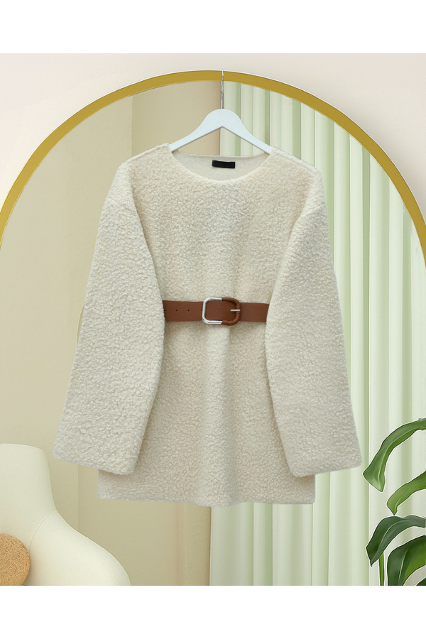 Thick  Belted Boucle Sweater -Ecru