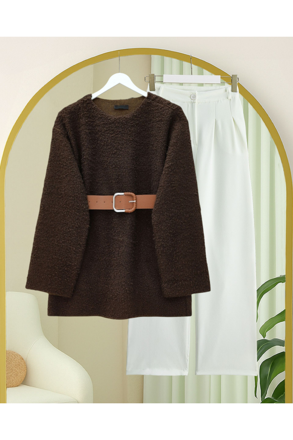 Thick  Belted Boucle Sweater -Brown
