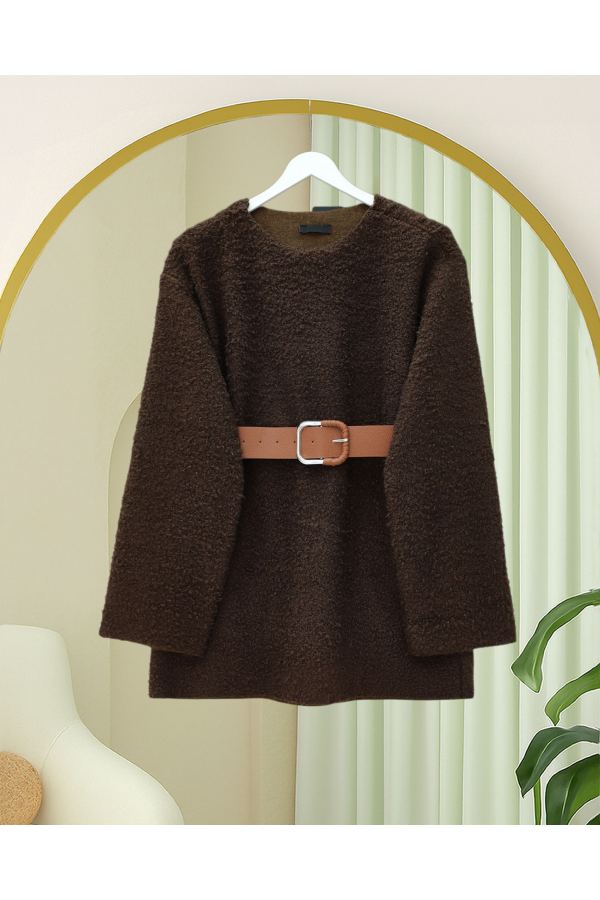 Thick  Belted Boucle Sweater -Brown