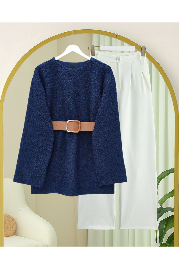 Thick  Belted Boucle Sweater -Navy blue