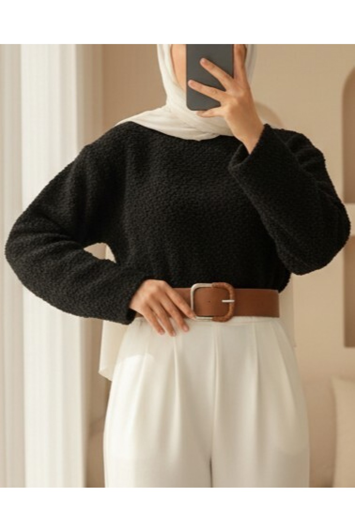Thick  Belted Boucle Sweater -Black