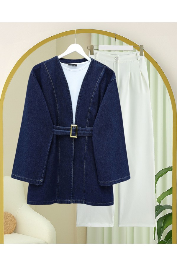 Denim Kimono with Waist Belt -Navy blue