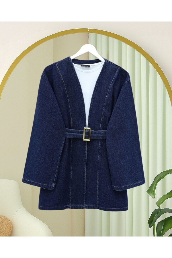 Denim Kimono with Waist Belt -Navy blue