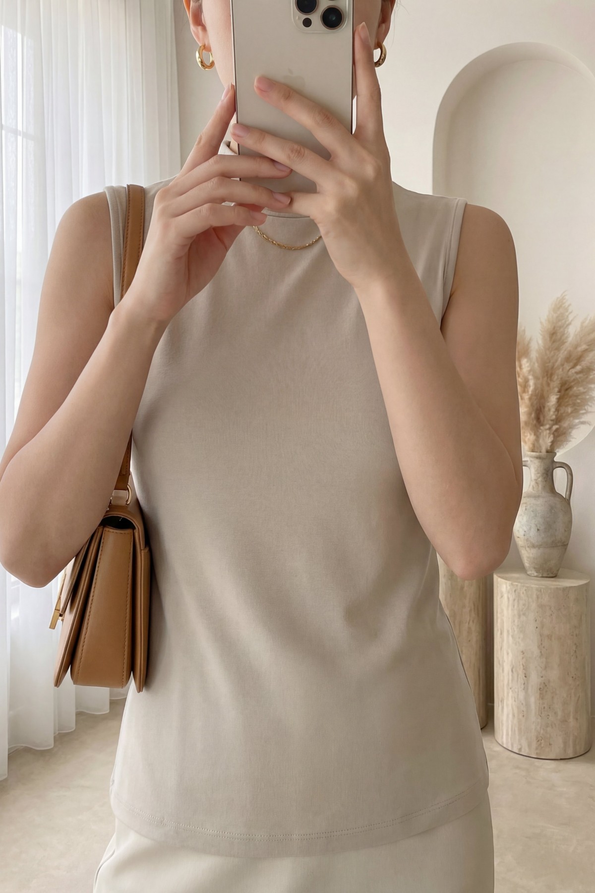 Stand-collar sleeveless cotton undershirt - Beige