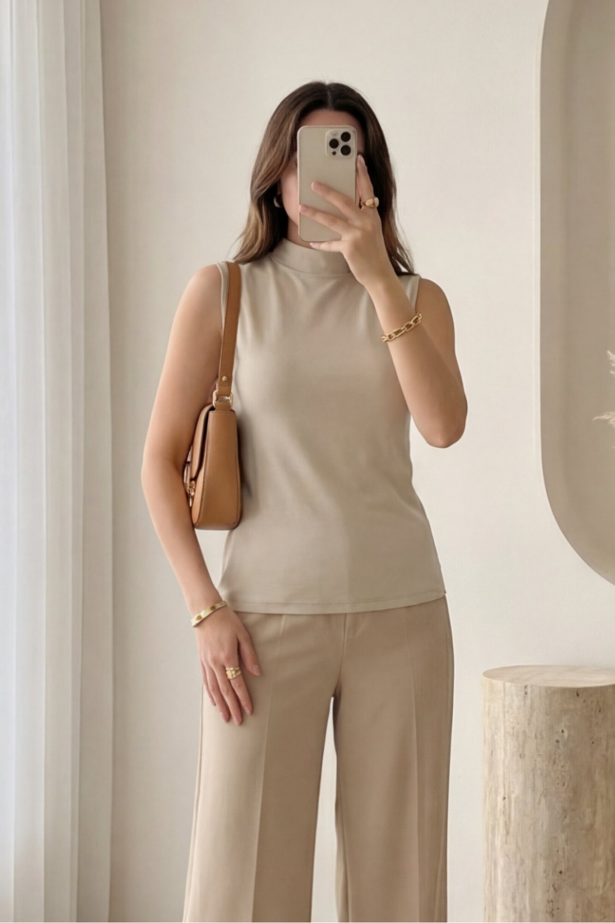 Stand-collar sleeveless cotton undershirt - Beige