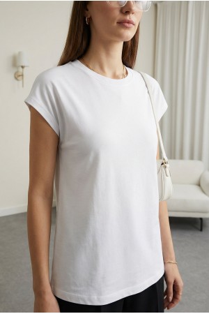 Bisiklet Yaka Kısa Kol Penye İçlik -Beyaz