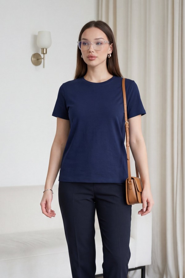 Crew Neck Short Sleeve Cotton Undershirt -Navy blue