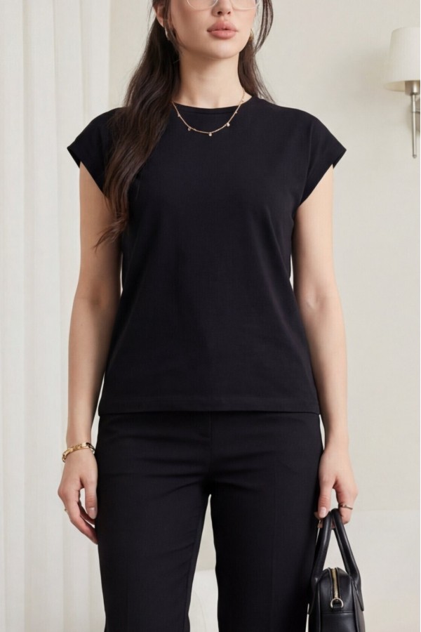 Crew Neck Short Sleeve Cotton Undershirt -Black
