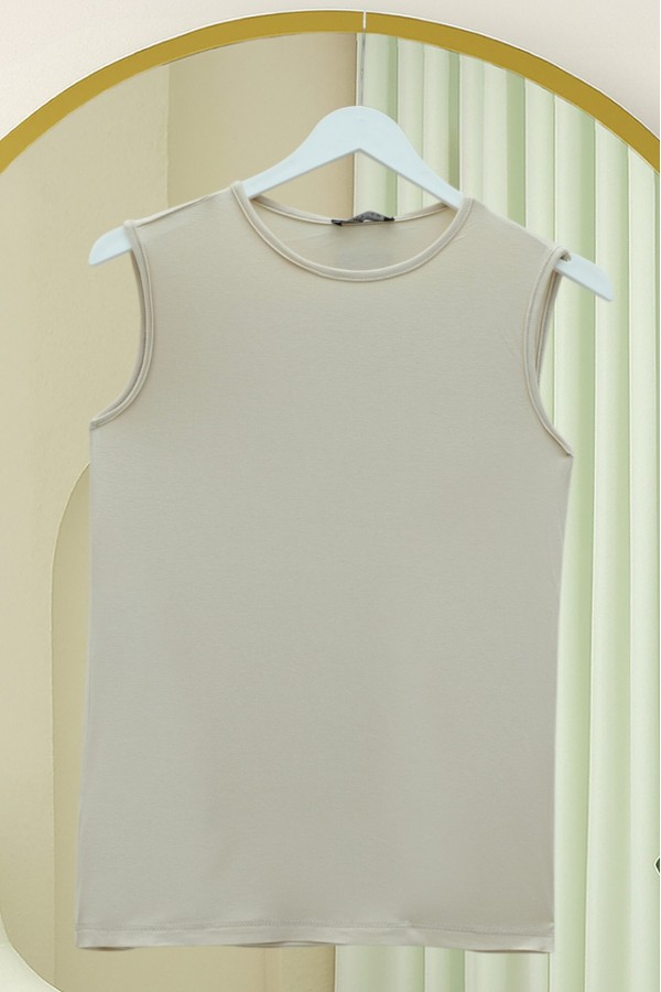 Sleeveless Crew Neck Cotton Undershirt - Beige