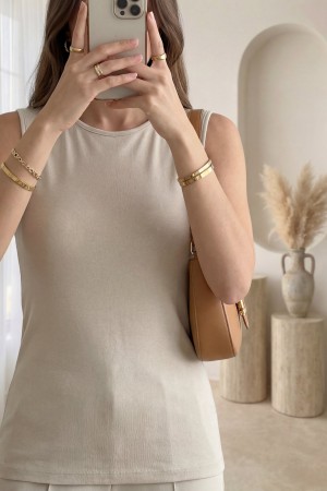 Sıfır Kol Bisiklet Yaka Penye İçlik -Bej