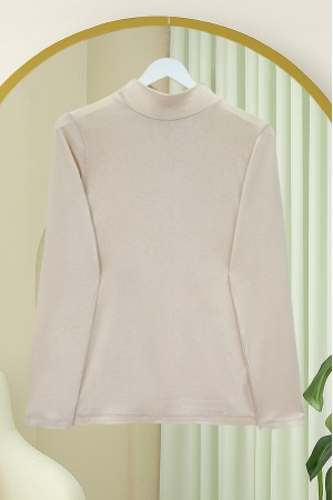 Dik Yaka Uzun Kol İçlik Bluz -Bej