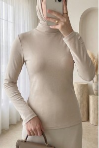 Dik Yaka Uzun Kol İçlik Bluz -Bej