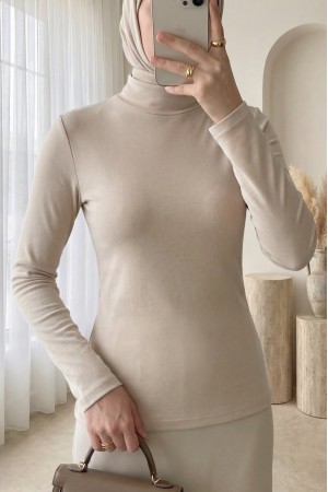 Dik Yaka Uzun Kol İçlik Bluz -Bej