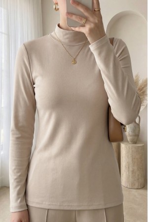 Dik Yaka Uzun Kol İçlik Bluz -Bej